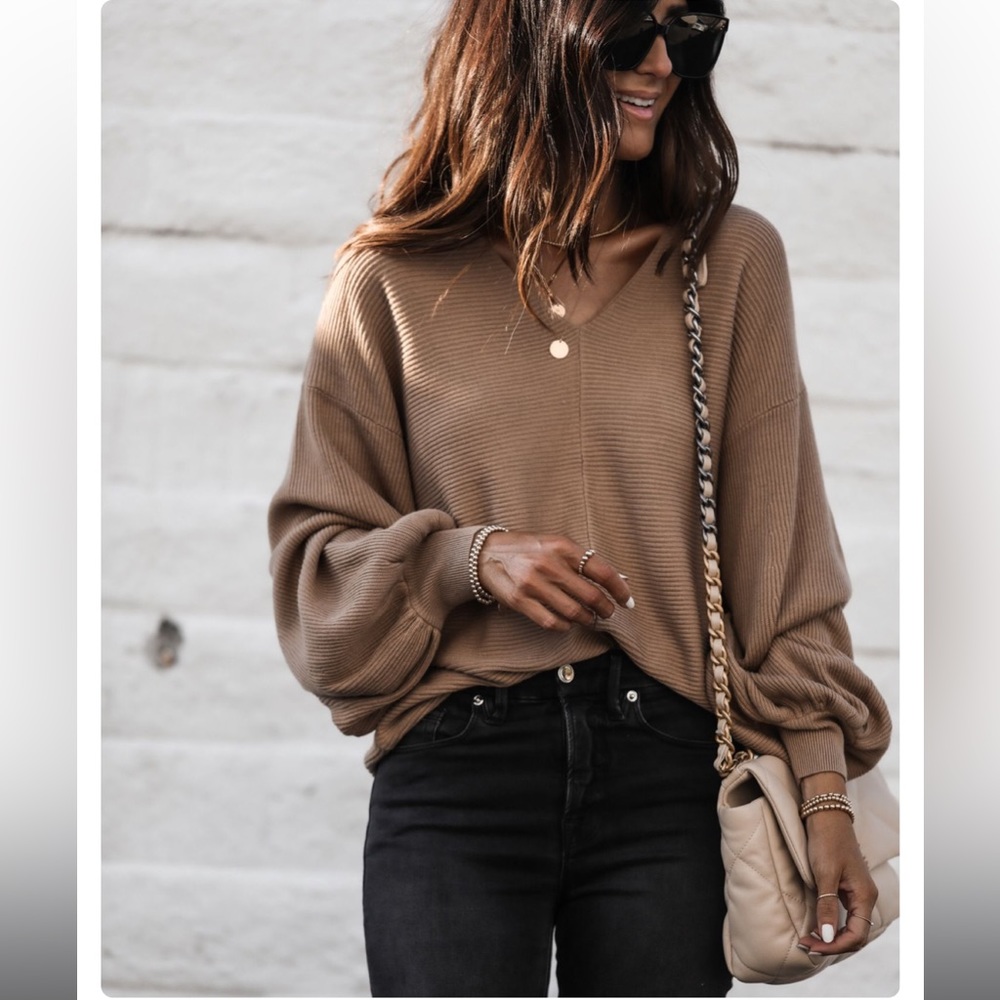 EUC Ribbed Balloon Sleeve Cotton Blend Sweater